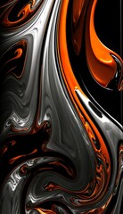 Liquid orange, black and silver chromatic background 