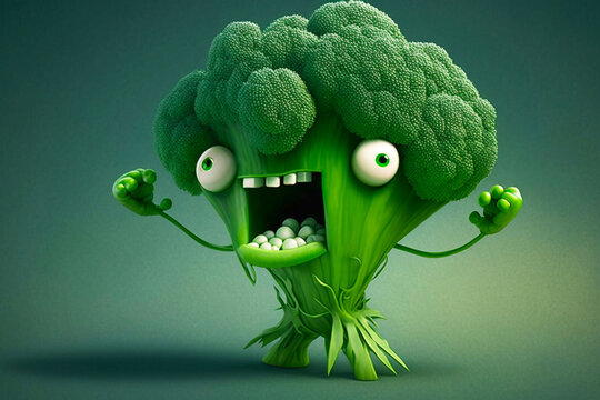 Cartoon Cute Green Broccoli Character. Generative AI