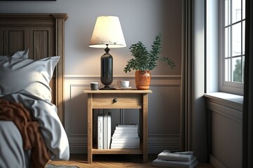 Bright bedroom with a wooden bedside table and a stylish floor lamp