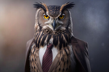 Portrait of an owl in elegant business suit outfit. Serious boss concept. Generative AI
