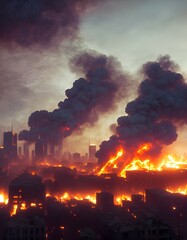 Fototapeta na wymiar Apocalyptic view of burning city buildings post-apocalypse, generative AI