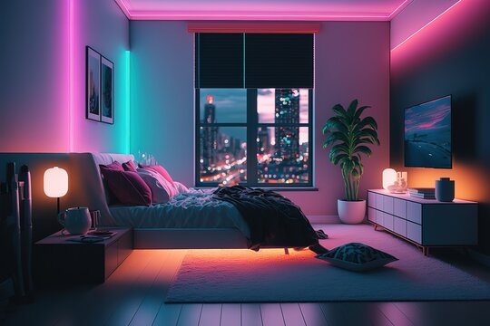 Modern Bedroom Interior With Neon Lights Glowing Ambient In The Evening Window City View. Bed, Carpet, Smart Tv. Luxurious Stylish Apartment Interior. Smart Home Concept With Neon Light Colours