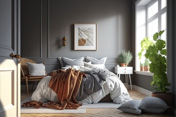 Stylish bedroom interior in modern apartment with small bed, wooden chest, home garden, white bedding, pillows and blanket. Sunny space with grey walls and brown wooden parquet