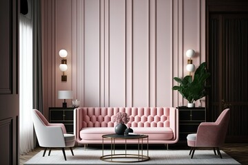 Light pink sofa, contemporary coffee table on carpet, and retro style armchairs in a chic living room with a backlit wooden wall background. Generative AI