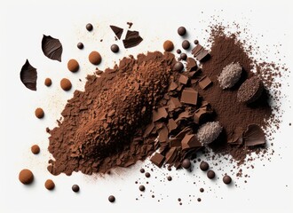 Cacao and chocolate explosion. Powder, particles and splashes isolated on white background. Generative AI.