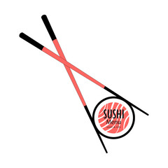 Sushi with salmon on sticks. Logo for sushi menu, bars, restaurants. Simple flat style.