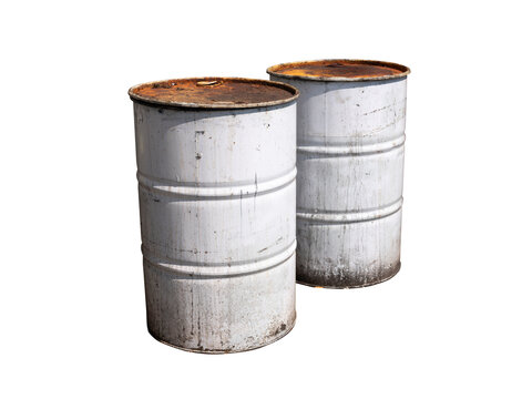 Couple of Old white colour metal barrels isolated on white