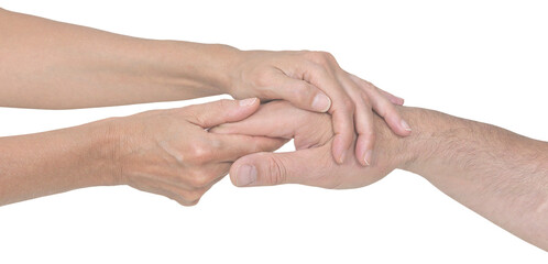 Female hands gently holding a male hand giving a hand massage isolated transparent png file 
