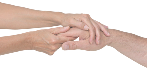 Female hands gently holding a male hand giving a hand massage isolated transparent png file 
