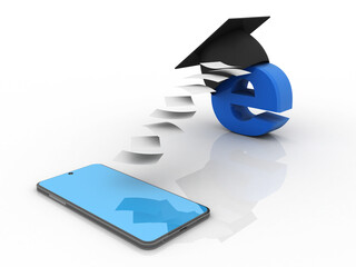 Fototapeta na wymiar 3d illustration education concept concept .graduate cap on e mail sign connected mobile phone 