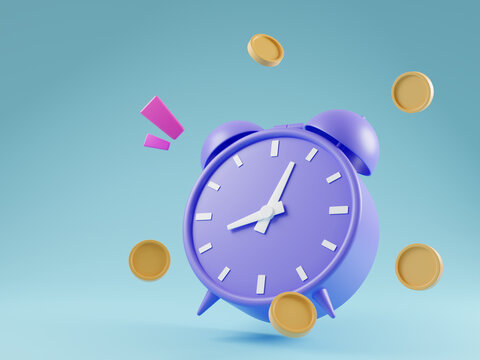 purple vintage alarm clock and gold coins on a blue background , 3d rendering illustration
