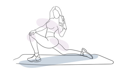 Fitness girl line drawing with shapes on white background. Outline training pose. Sport vector illustration.