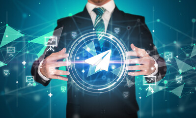 Businessman holdig business icons concept