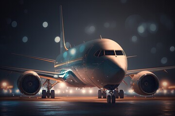 Nighttime Departure: Front View of Plane Taking Off, generative AI