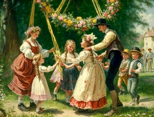A Painting of a Family Celebrating May Day | Generative AI