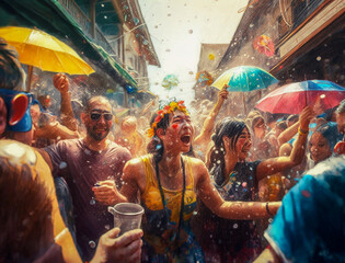 Fototapeta na wymiar A Painting of People Celebrating Songkran in the Street | Generative AI