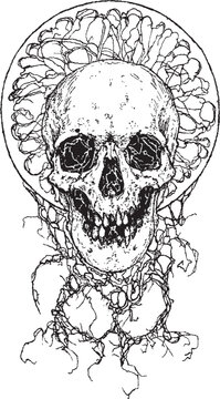 Surrealistic handdrawn skull with branches