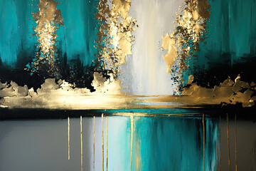 Generative AI illustration of abstract oil painting on textured canvas with lovely turquoise, grey and gold filaments interaction - 575639834