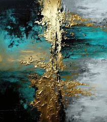 Generative AI illustration of abstract oil painting on textured canvas with lovely turquoise, grey and gold filaments interaction - 575639837