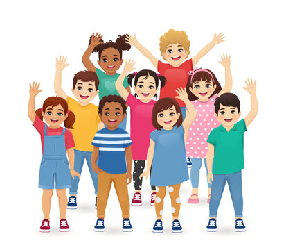 Group of smiling kids boys and girls waving hands isolated vector illustration. Multiethnic little children.