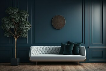 A sleek modern hardwood sofa sits in front of a dark blue wall. Generative AI