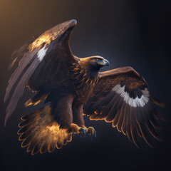 Generative AI illustration of stunning Golden Eagle in flight with wide open wing span against black background - 575640065