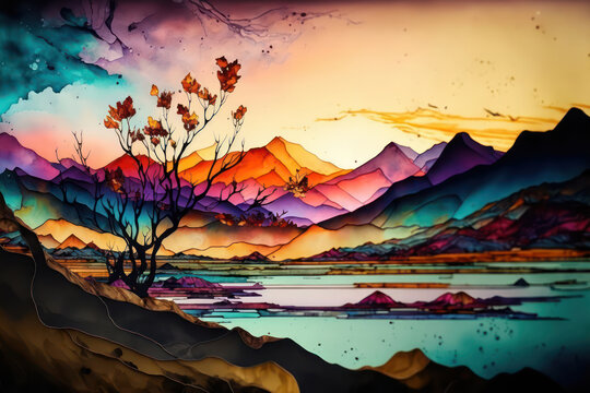 Generative AI illustration of fantastic abstract surreal fantasy landscape of alcohol ink and cel shading techniques
