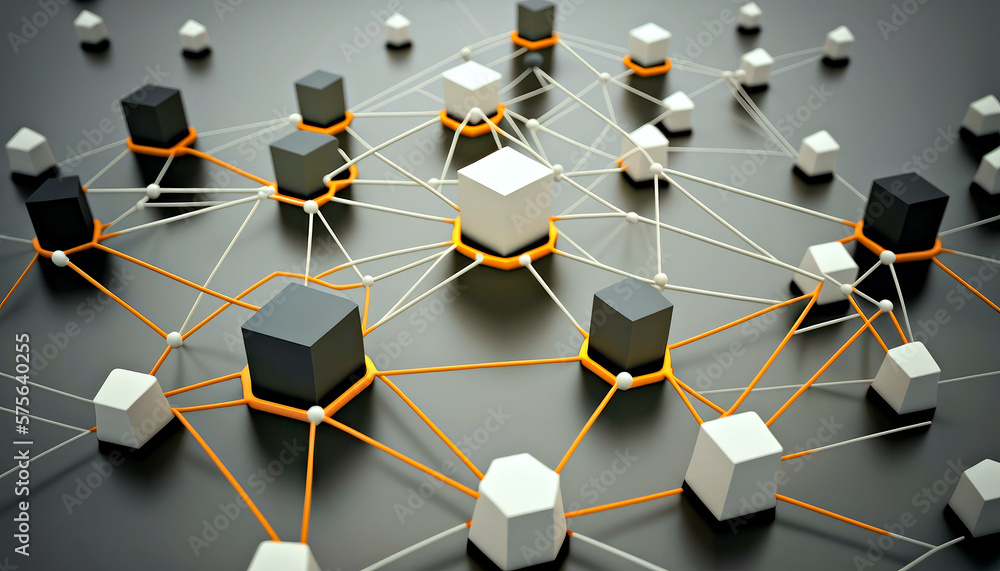 Poster network of connected lines and cubes on black surface generative ai
