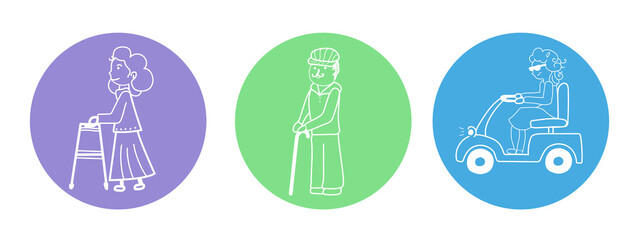 Senior man and women icons illustration, old people help line drawing picture thematic society