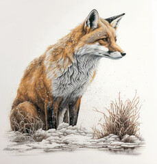 Generative AI illustration of beautiful watercolour and ink style painting of red fox vulpes vulpes on branch portrait