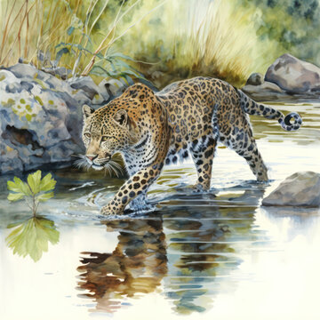 Generative AI illustration of endangered Amur Leopard in watercolour style painting image