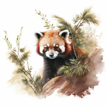 Generative AI illustration of endangered Red Panda in watercolour style painting image