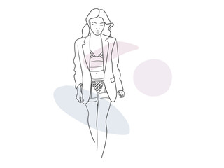 Beauty model girl line drawing with shapes on white background. Outline lady pose. Vector illustration.