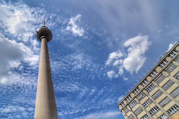 Low angle view of the Berlin Television Tower