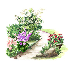Garden Decorative flower bed and walking path, Landscape design., Hand drawn watercolor illustration isolated on white background