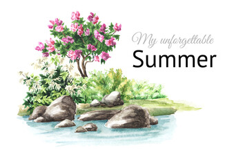 Garden Decorative lake shore, Landscape design element.  Hand drawn watercolor illustration isolated on white background