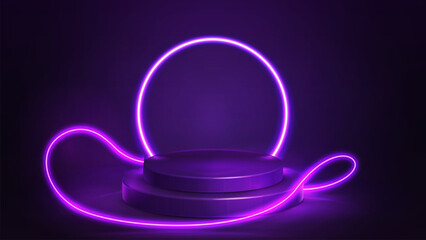 Purple podium with line neon ring on background and neon wave line lasers around. Illustration with abstract scene with purple neon frame