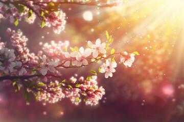 Obraz na płótnie Canvas Spring tree flowers blossom, bloom in warm light, sun flare, selective focus, Created using generative AI tools.