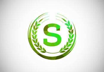 Alphabet S sign with a wheat wreath. Polygonal low poly organic wheat farming logo concept. Agriculture logo design vector template.