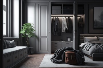 3d grey contemporary modern bedroom with leather bed and bench and grey wood closet
