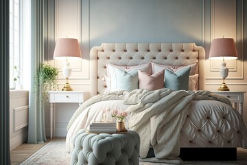 Bedroom in soft light colors. big comfortable double bed in elegant classic bedroom at home