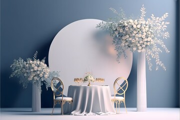 Wedding, marriage, engagement, anniversary celebration invitation card blue white background design empty template with modern, elegant, and luxurious design with decorated dinner table