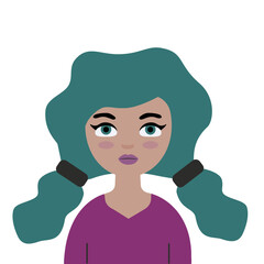 Curly girl with turquoise hair with ponytails. Avatar, portrait of a child on a white background. Vector illustration. Cartoon character girl with big green eyes.