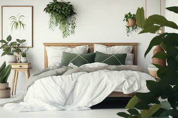 Close - up of double wooden bed with bedding, pillows and blanket against white wall in a bright sunny bedroom interior. Two green plants standing beside. Panorama. Real photo