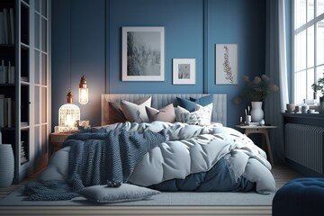 Cozy bedroom decor in gray, white and blue palette