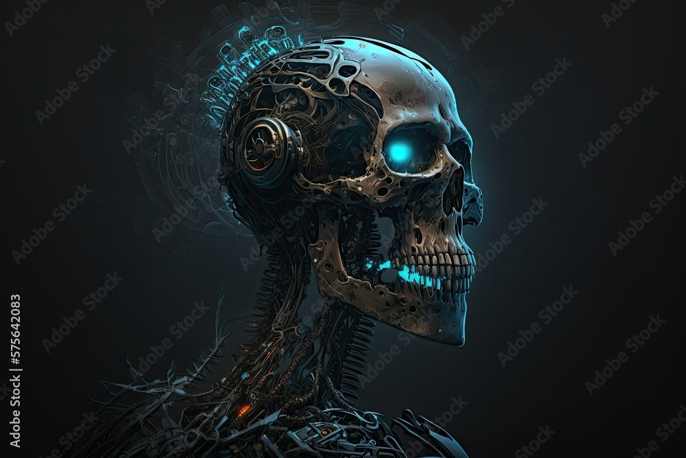 Poster mechanical skeleton in the dark cybernetic brain in the skull of a screaming robot from science fict