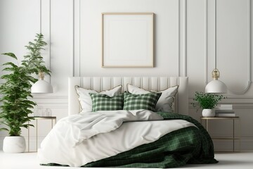 Fototapeta na wymiar Home bedroom interior mockup with bed, green plaid, pillows and plants on empty white wall background. 3D rendering