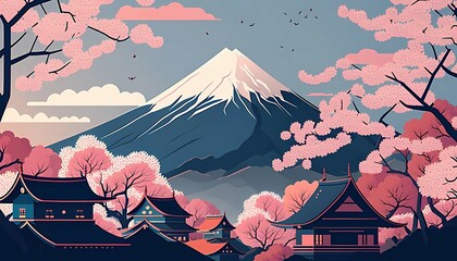 富士山と桜と家屋のイラスト