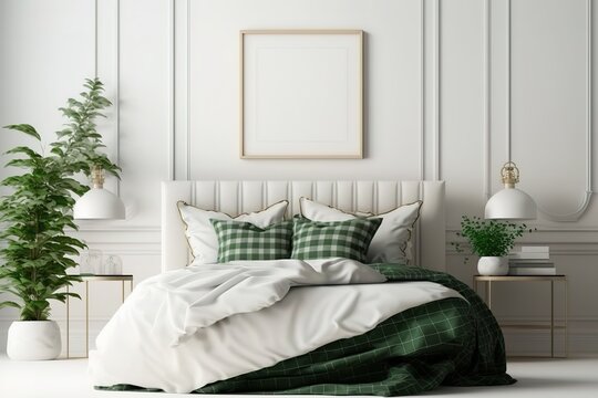 Home bedroom interior mockup with bed, green plaid, pillows and plants on empty white wall background. 3D rendering