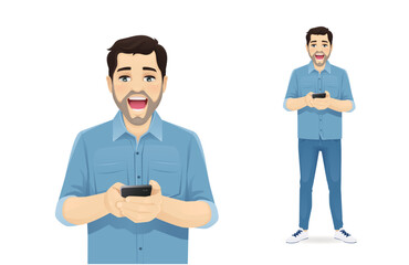 Surprised handsome man looking to the phone in his hands vector illustration 